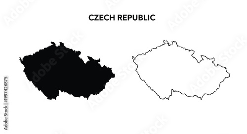 A graphic displays the czech republic s outline in both filled black and white line art versions