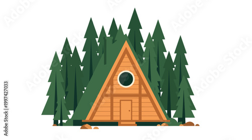 A triangular wooden cabin with a round window nestled among tall pine trees