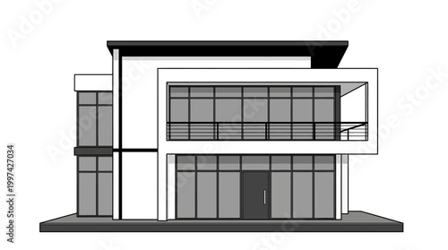 A modern two-story house with large windows and a balcony