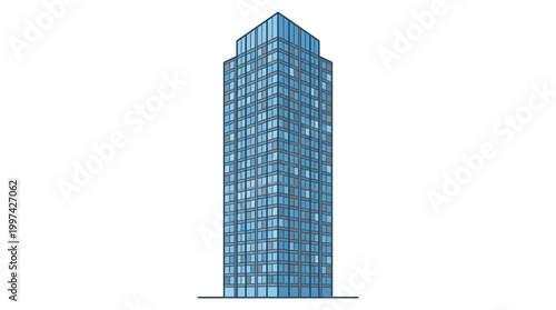 A sleek blue skyscraper stands tall against a white background