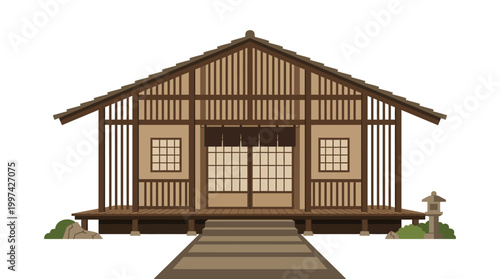 A traditional Japanese-style house with a wooden porch and tiled roof