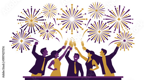 Group of business colleagues celebrating with champagne and fireworks display