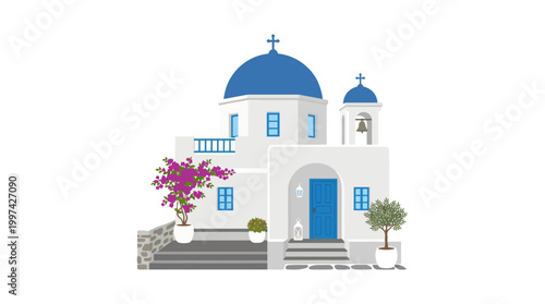 A whitewashed Greek church with blue domes and doors stands serenely amidst potted plants and flowers on a simple stone path