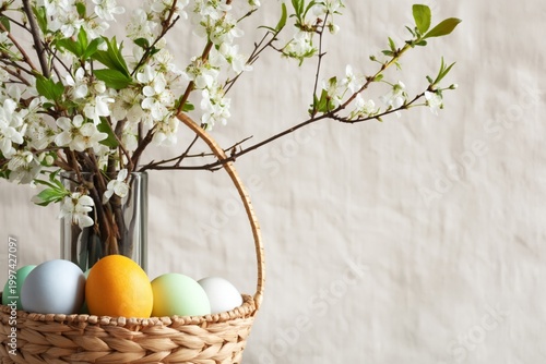 Colorful Eggs in a Basket With Flowers on a Table in a Bright Room During Spring