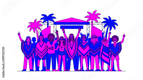 A group of people in casual clothing and sunglasses stand together with their arms raised in a festive setting with palm trees and a gazebo