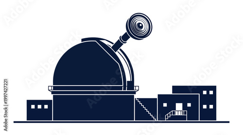 A large observatory with a telescope on top sits atop a building complex with smaller structures around it