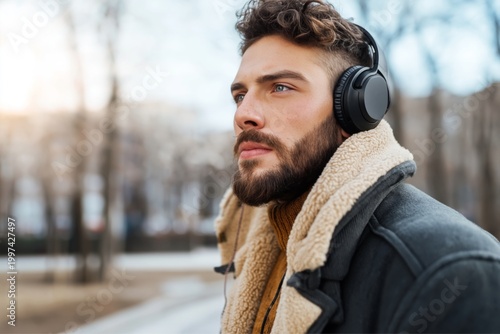 Young Man Listens to Music While Walking in the Park During Late Afternoon in...