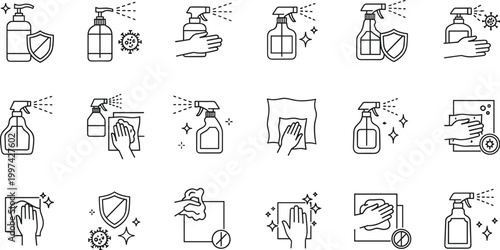 Cleaning and Disinfection Line Icon Vector Set with Sanitizer Spray Hand Wash Hygiene and Surface Cleaning Symbols