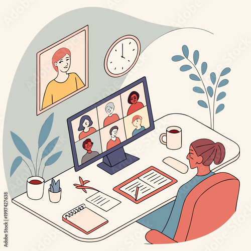 Woman participating in a conference call from home office with video conference online meeting remote work coffee cup user interface group call computer communication collaboration technology