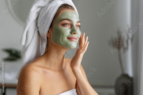 Woman Enjoys Green Face Mask in Relaxing Indoor Setting During Afternoon