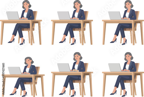 Business woman working at office desk with laptop in various poses collection of character illustrations for corporate communication projects.