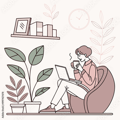 Person relaxing with laptop and coffee in a cozy living space hot drink remote work indoor plants relaxing lifestyle illustration minimalist interior relaxation workspace freelance