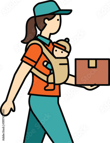 Female delivery professional carrying a box while wearing a baby in a wrap sling, modern working mother and urban logistics concept.