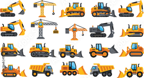 Construction Machinery Vector Set with Excavator Bulldozer Crane Dump Truck and Heavy Equipment for Building and Industrial Design