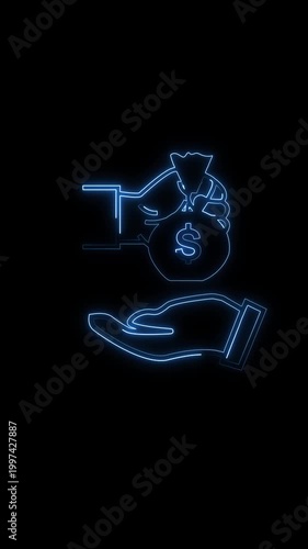 Neon outline hands exchanging money bag with dollar symbol on dark background. Money bag digital finance concept. Money bag investment transfer and payment systems animation.