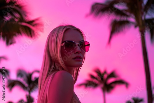 Young Woman in Sunglasses Stands Near Palm Trees During Sunset on a Warm Even...