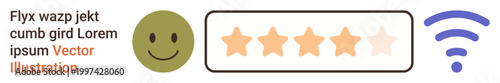 Feedback, online ratings, digital communication, connectivity, customer satisfaction, user feedback. A happy face, a star rating scale and a wireless symbol. Feedback and online ratings concept