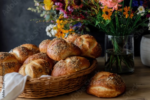 Freshly Baked Bread Rolls in Basket Beside Colorful Flower Arrangement on Woo...