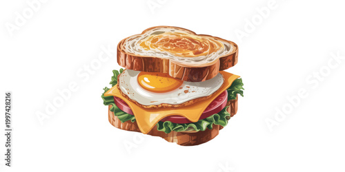 A sandwich with fresh lettuce, cheese, tomato, and meat placed beside a candle in a glass jar on a clean white background