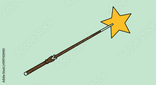 A simple, flat illustration of a magic wand with a golden star at the tip on a pale green background.