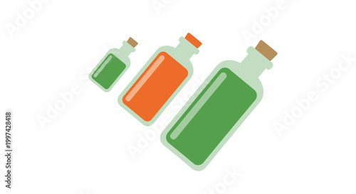 Three colorful glass bottles with cork stoppers containing green and orange liquids on a white background