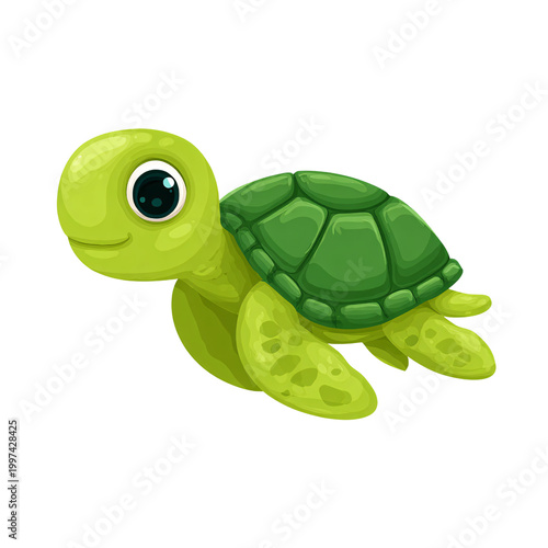 Cute baby sea turtle swimming with green shell, isolated on white background Cartoon style illustration of a small aquatic reptile, perfect for childrens design, nature education, and marine life