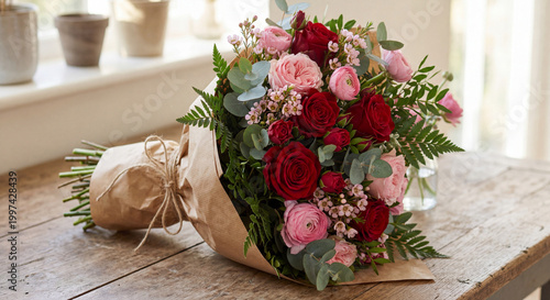 Ultra Bouquet of roses on wooden table, wrapped in brown paper 4K HD