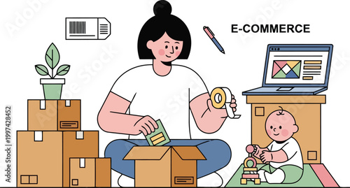 Female e-commerce entrepreneur packing shipping boxes at home with baby online store business owner logistics concept