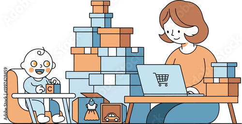 Female entrepreneur selling baby clothes and toys online with laptop and shipping boxes home business work life balance