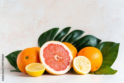 Fresh Fruits Arranged on Green Leaves With a Grapefruit and Lemons in the Cen...