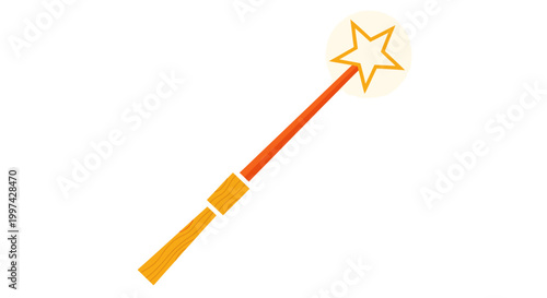 Magical star wand with orange handle and glowing star, isolated on white background, fantasy and enchantment symbol