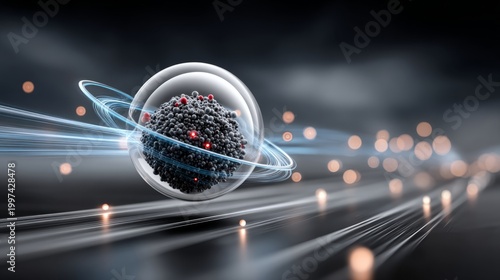 Atomic structure concept: nucleus with electrons in motion shows scientific progress