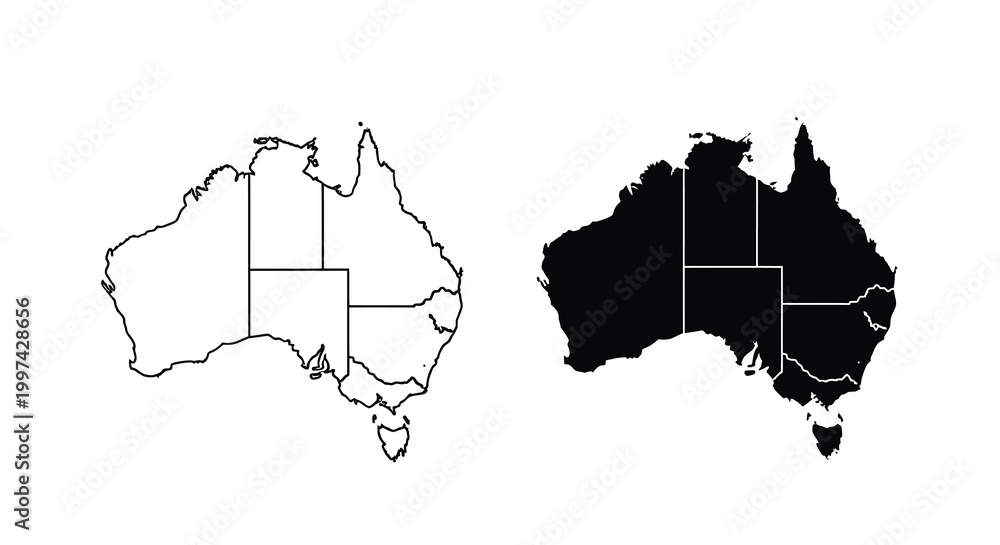 Obraz premium A minimalistic representation displays the continent of Australia in two contrasting black and white versions side by side
