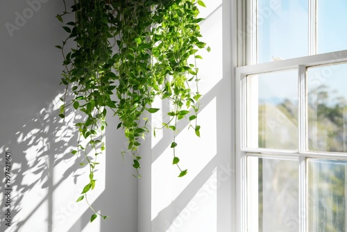 Green Plant Hangs by a Window With Sunlight Casting Shadows Inside a Room