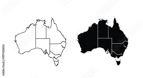 A minimalistic representation displays the continent of Australia in two contrasting black and white versions side by side