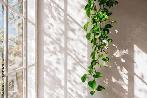 Green Plant Vine Grows Along Wall Near Window With Sunlight Shining in During...