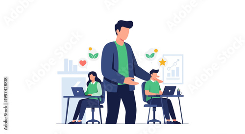 Business Mentor Guiding Productive Team with Growth & Success Icons