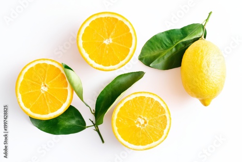 Fresh Lemon and Orange With Green Leaves on a White Background in a Simple Ar...