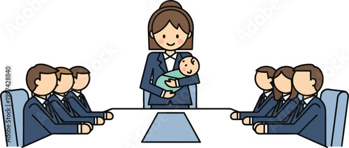 Female executive holding a baby while leading a corporate board meeting, professional mother and leadership inclusivity concept.