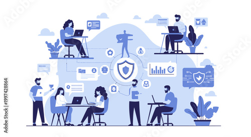 Digital Data Security & Cybersecurity Team Collaboration - Network Protection and Privacy Management Concept