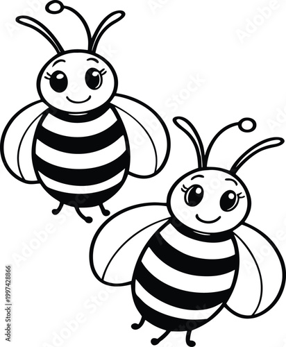 Two cute little honey bees flying together simple black and white line art illustration