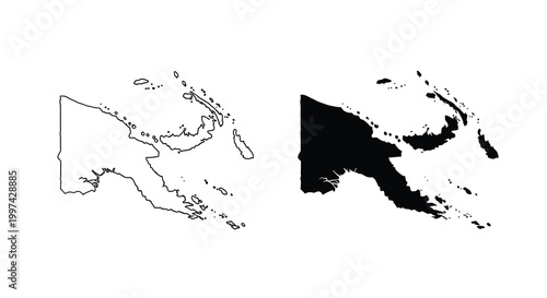 Two contrasting depictions of papua new guinea s geographical outline one in line art and one solid black