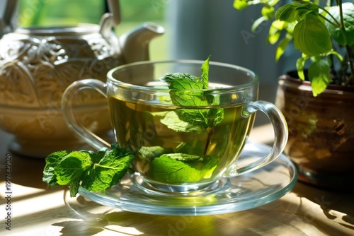 Fresh Mint Tea Served in a Clear Glass Cup on a Wooden Table With a Tea Pot i...
