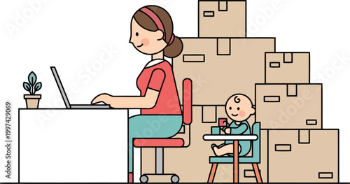 Female entrepreneur working on laptop at home with baby and cardboard boxes for online store business shipping