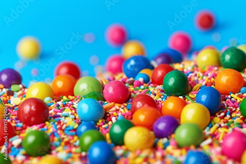 Colorful Candy Balls and Sprinkles Scattered on a Blue Surface