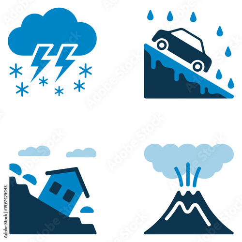 Natural disaster icons set: thunderstorm landslide snowfall car sliding house collapse volcano eruption