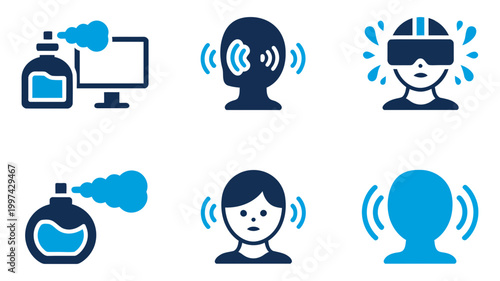 Sensory overload and exposure icons: vr headset spray bottles sensitive hearing symbols with overload