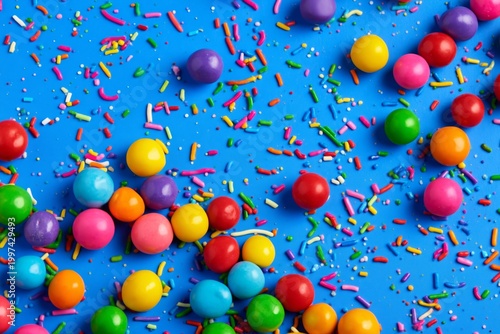 Colorful Candy Balls and Sprinkles Scattered on a Blue Surface