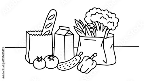 Grocery shopping bags filled with fresh produce bread milk carton shopping broccoli tomatoes cucumber