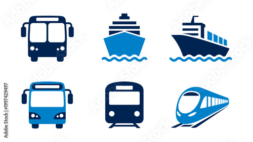 Public transportation and freight icons: buses ships trains with cargo ship container ship transport